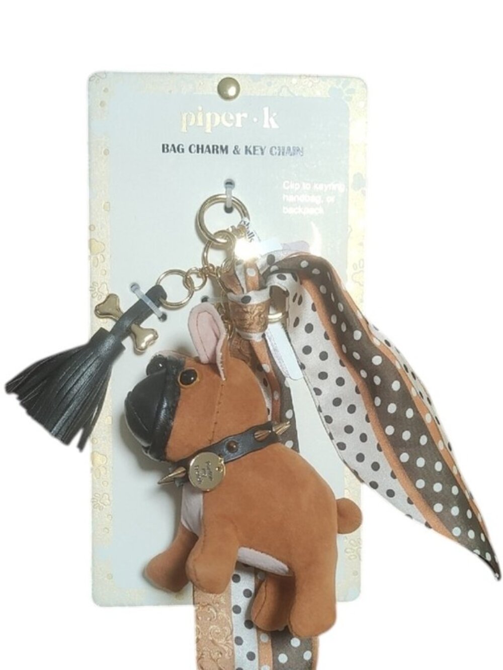 piper•k Brown Plush French Bulldog Bag Charm with Polka Dot Scarf NWT